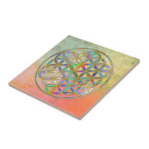 Flower of Life / Blume des Lebens - gold colourful Tile