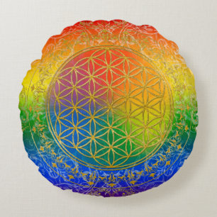 Flower Of Life / Blume des Lebens - GOLD rainbow Round Pillow