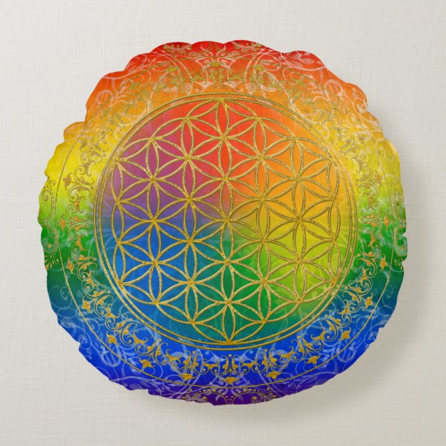 Flower Of Life / Blume des Lebens - GOLD rainbow Round Pillow (Front)