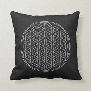 Flower of Life Blume des Lebens Silver Black Throw Pillow