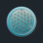 Flower Of Life / Blume des Lebens - SILVER cyan 2 Inch Round Button<br><div class="desc">Spirit Symbol Design by EDDA Fröhlich | The Flower of Life (Blume des Lebens) is the original language of the universe; shapes,  geometry,  numbers and proportions. It radiates harmony and perfection of the holy geometry and stands for infinity and perfect order.</div>