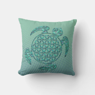 Flower of Life / Blume des Lebens turtle turquoise Throw Pillow