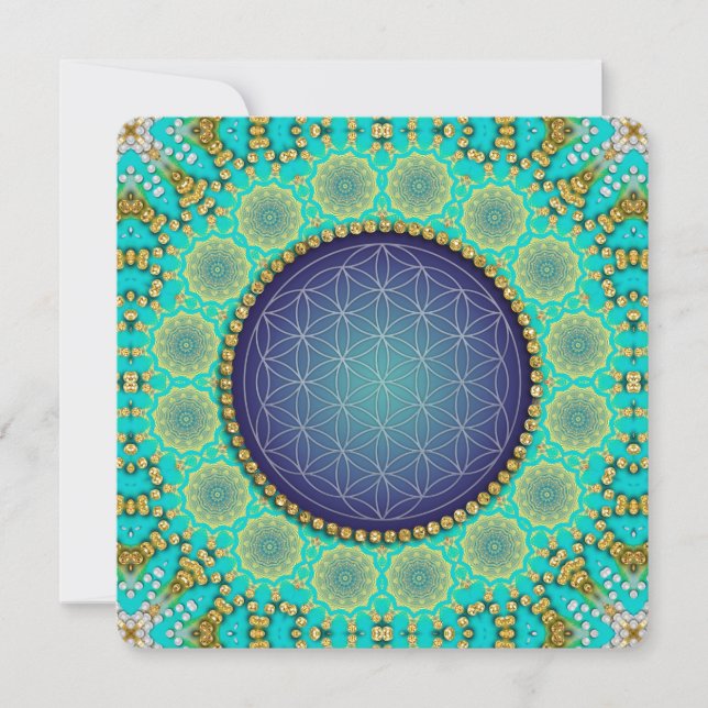 Flower of Life Bohemian Gold Blue & Green Invitation (Front)