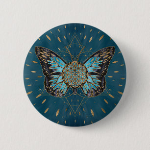 Flower of Life Butterfly - Blue Gemstone and gold 2 Inch Round Button