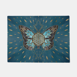 Flower of Life Butterfly - Blue Gemstone and gold Doormat