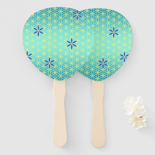 FLOWER OF LIFE - cyan yellow pattern Hand Fan (Front and Back)