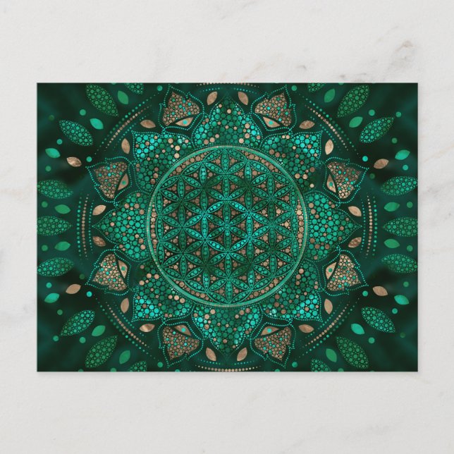 Flower of Life Dot Art malachite gold Postcard (Front)