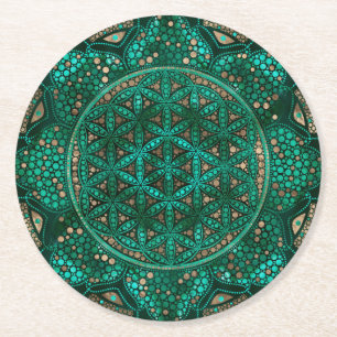 Flower of Life Dot Art malachite gold Round Paper Coaster