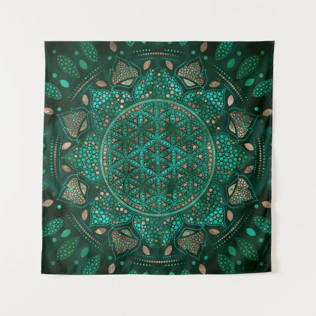 Flower of Life Dot Art malachite gold Tapestry (Front)