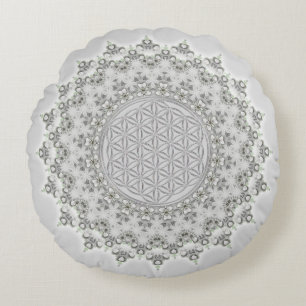 Flower of Life - Fractal Mandala grey green Round Pillow
