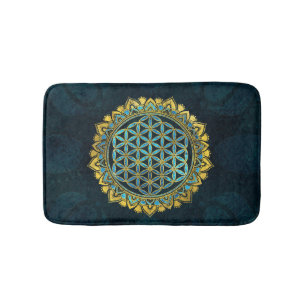 Flower of life gold an blue texture  glass bath mat
