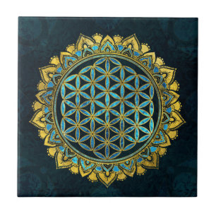 Flower of life gold an blue texture  glass tile