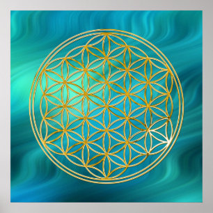 Flower Of Life   gold, bluegreen waves Poster