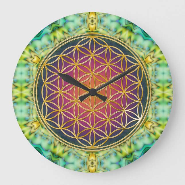 Flower Of Life - gold - fractal 2 Large Clock (Front)
