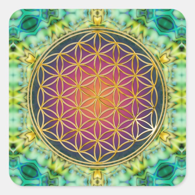 Flower Of Life - gold - fractal 2 Square Sticker (Front)