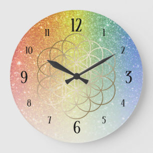 Flower of Life Gold on Rainbow Glitter Gradient Large Clock