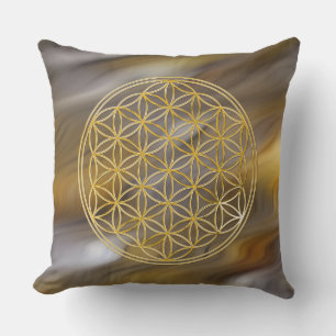 FLOWER OF LIFE - gold + silver + waves BG Throw Pillow