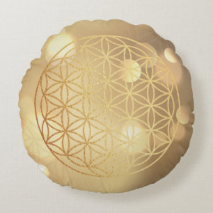 Flower of life golden sparkles round pillow