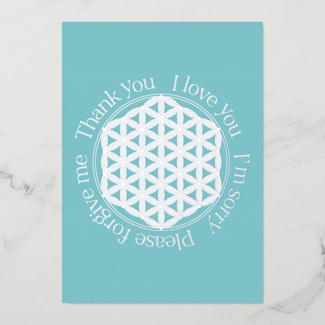 Flower of Life Ho'oponopono Blue & White Foil Holiday Card (Front)