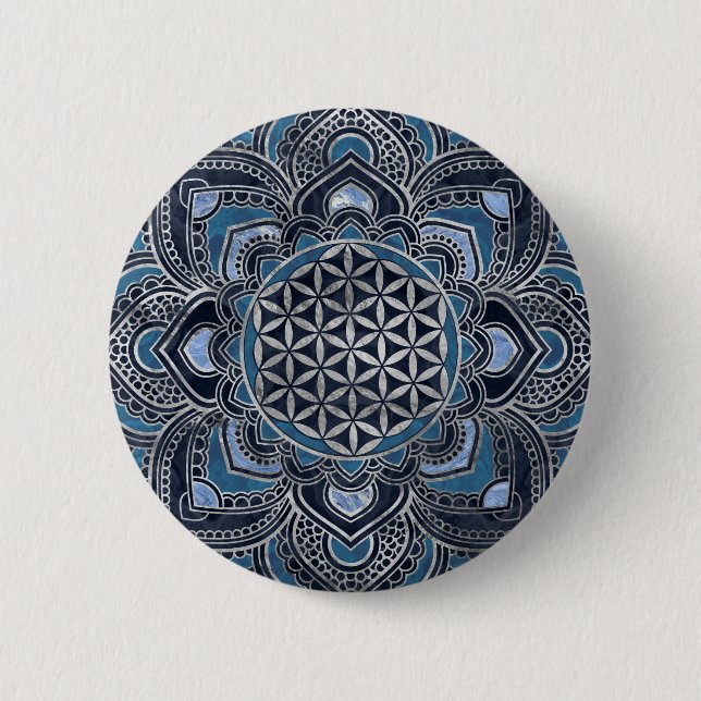 Flower of Life in Lotus - Blue Crystal and Silver 2 Inch Round Button (Front)