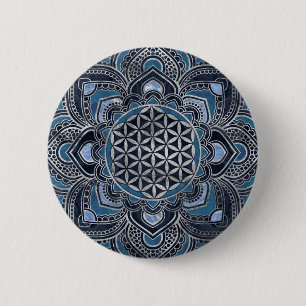 Flower of Life in Lotus - Blue Crystal and Silver 2 Inch Round Button