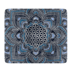 Flower of Life in Lotus - Blue Crystal and Silver Cutting Board