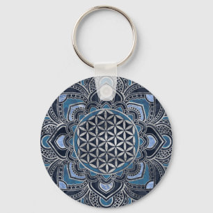 Flower of Life in Lotus - Blue Crystal and Silver Keychain