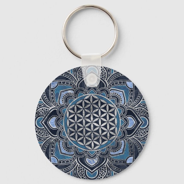 Flower of Life in Lotus - Blue Crystal and Silver Keychain (Front)