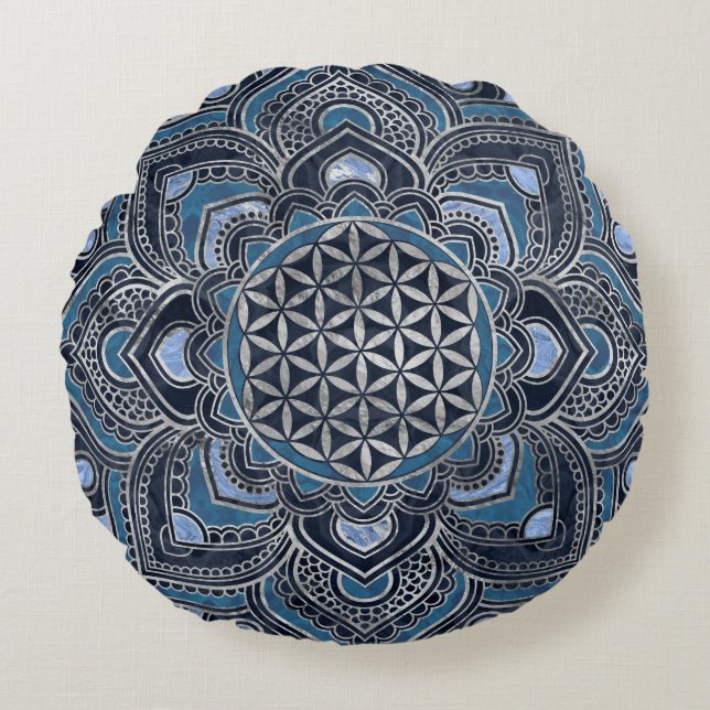 Flower of Life in Lotus - Blue Crystal and Silver Round Pillow (Front)