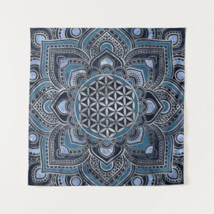 Flower of Life in Lotus - Blue Crystal and Silver Tapestry