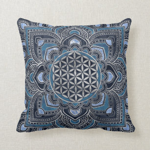 Flower of Life in Lotus - Blue Crystal and Silver Throw Pillow