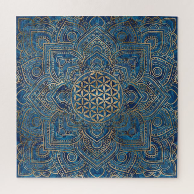 Flower of Life in Lotus - Blue Marble and Gold Jigsaw Puzzle (Vertical)