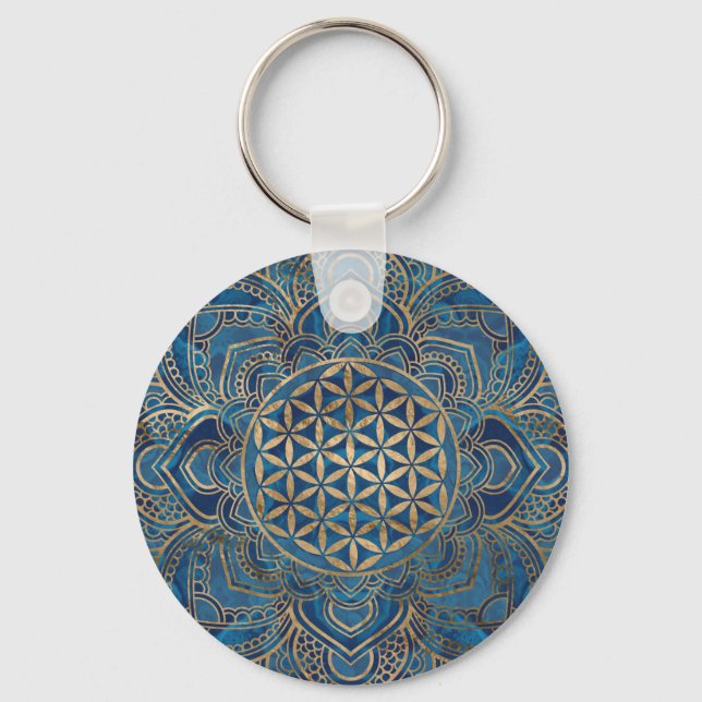 Flower of Life in Lotus - Blue Marble and Gold Keychain (Front)