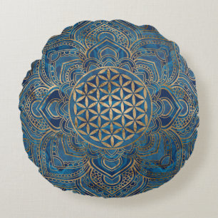 Flower of Life in Lotus - Blue Marble and Gold Round Pillow