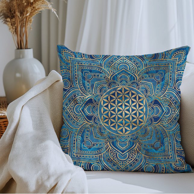 Flower of Life in Lotus - Blue Marble and Gold Throw Pillow (Creator Uploaded)