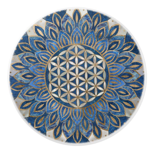 Flower of Life in Lotus - Blue Marble and Pearl Ceramic Knob (Front)