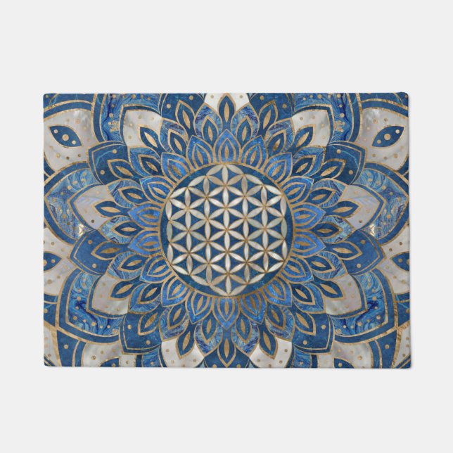 Flower of Life in Lotus - Blue Marble and Pearl Doormat (Front)