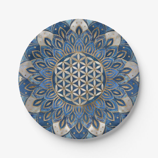 Flower of Life in Lotus - Blue Marble and Pearl Paper Plate (Front)