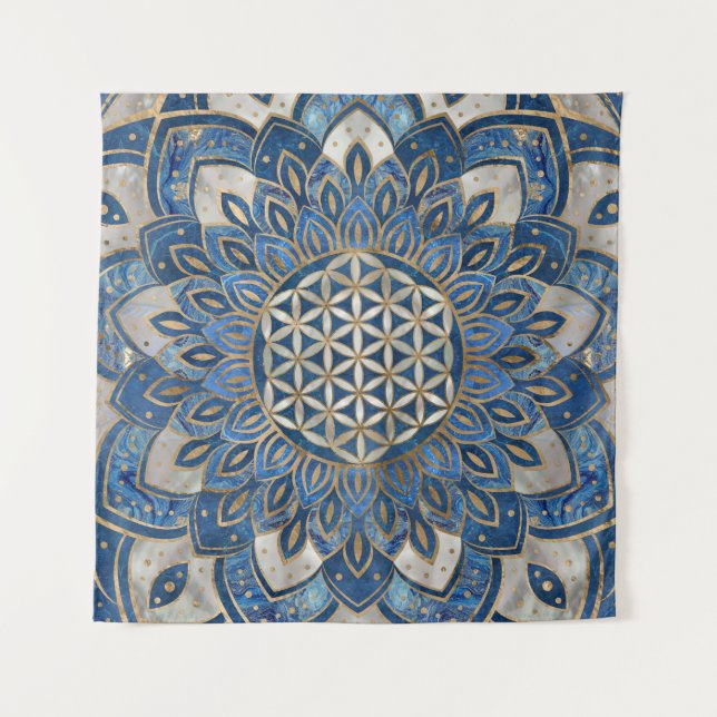 Flower of Life in Lotus - Blue Marble and Pearl Tapestry (Front)