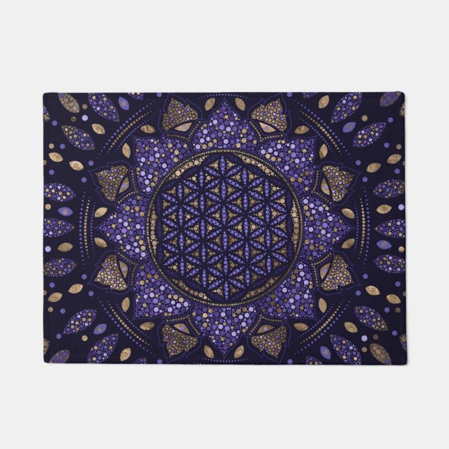 Flower of Life in Lotus Dot Art purples and gold Doormat (Front)
