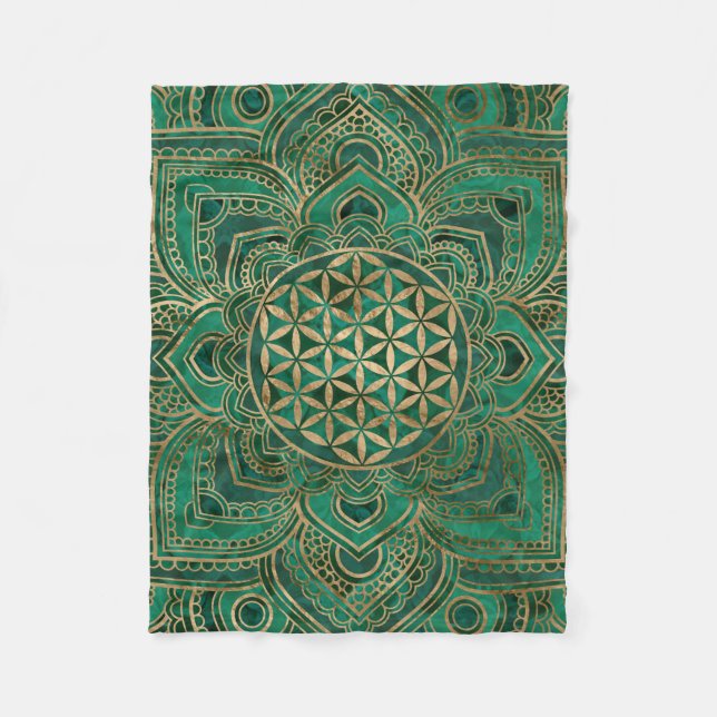 Flower of Life in Lotus - Malachite and gold Fleece Blanket (Front)