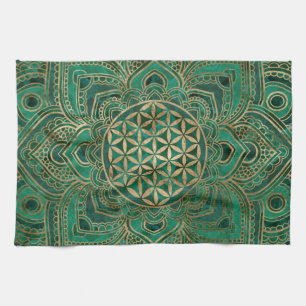 Flower of Life in Lotus - Malachite and gold Kitchen Towel