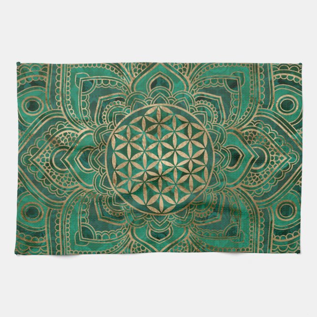 Flower of Life in Lotus - Malachite and gold Kitchen Towel (Horizontal)