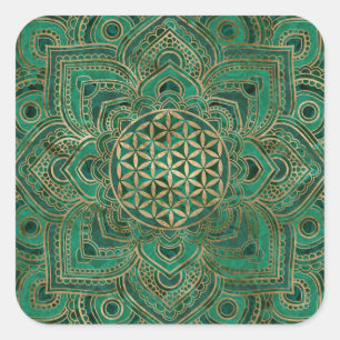 Flower of Life in Lotus - Malachite and gold Square Sticker
