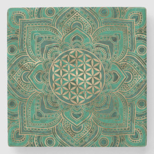 Flower of Life in Lotus - Malachite and gold Stone Coaster