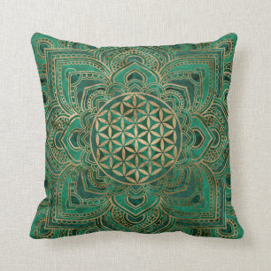 Flower of Life in Lotus - Malachite and gold Throw Pillow