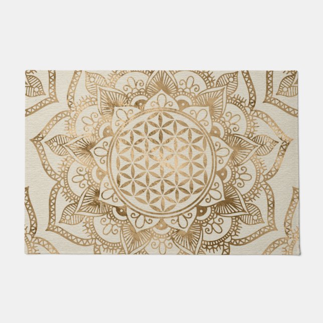 Flower of Life in Lotus - pastel golds and canvas Doormat (Front)