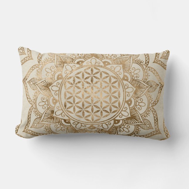 Flower of Life in Lotus - pastel golds and canvas Lumbar Pillow (Front)