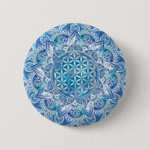Flower of Life in Lotus - Watercolor Blue 2 Inch Round Button