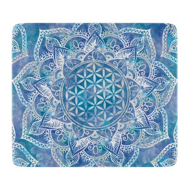 Flower of Life in Lotus - Watercolor Blue Cutting Board (Front)